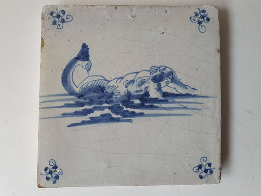 Antique Delft Blue Tile – Sea Creature, 17th Century Dutch Tile