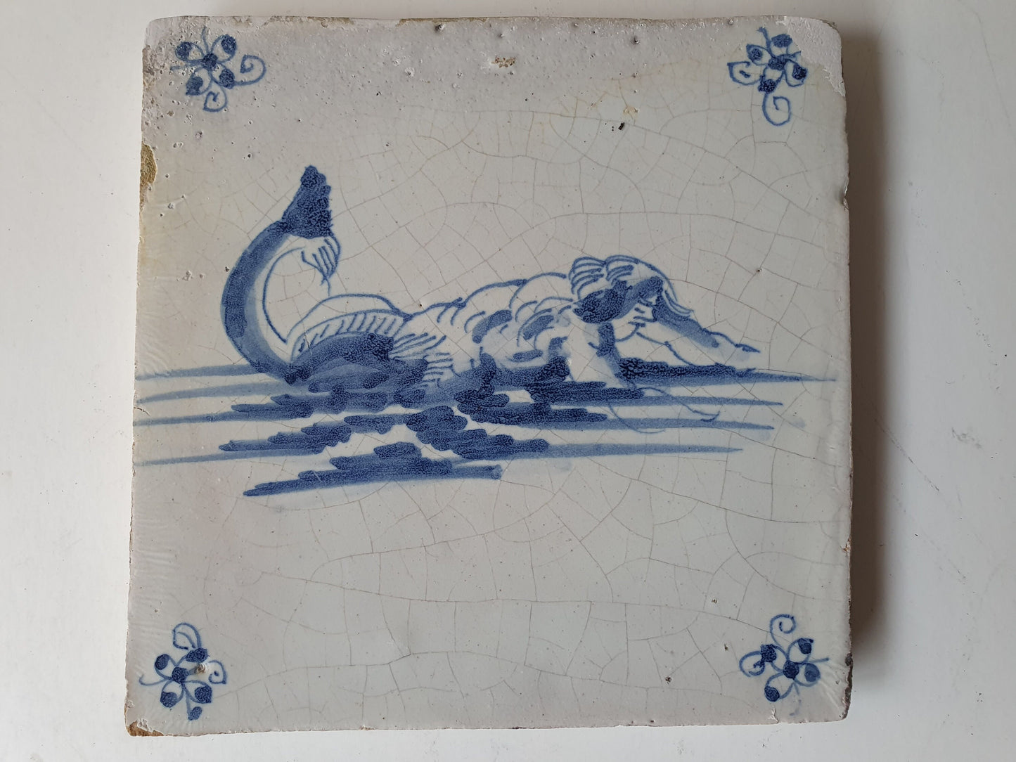 Antique Delft Blue Tile – Sea Creature, 17th Century Dutch Tile