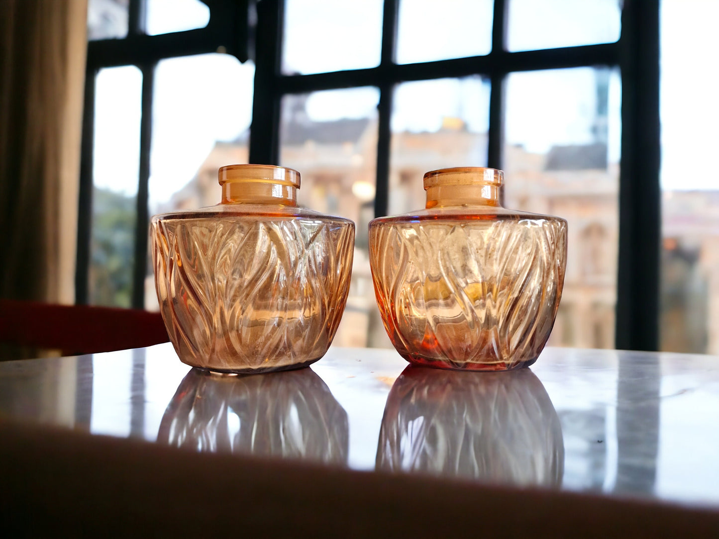 Signed large Faberge Crystal Vases, Amber Rosegold, XL, Pair authentic Fabergé
