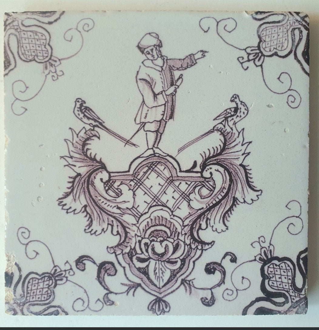 Antique Dutch Delft Tile, Baroque Cartouche, Rotterdam, circa 1760