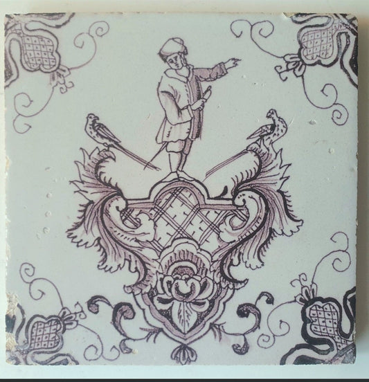 Antique Dutch Delft Tile, Baroque Cartouche, Rotterdam, circa 1760
