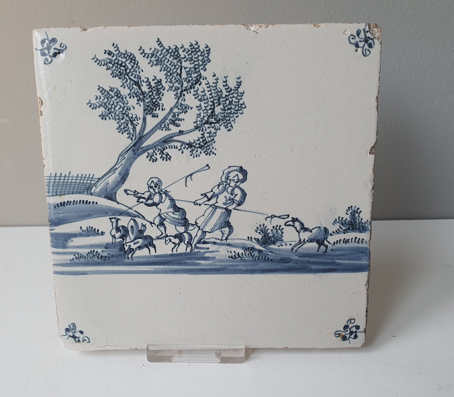 Antique Dutch Delft Tile, Holland Landscape Scene, ca 1700 AD