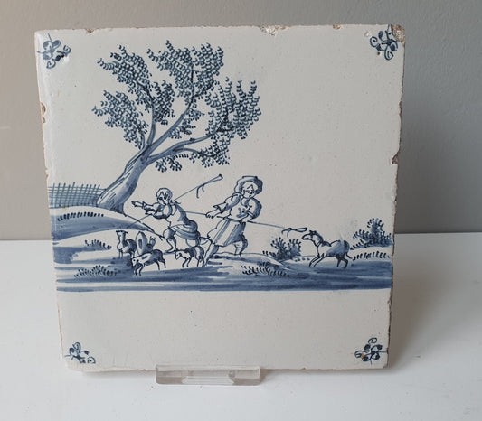 Antique Dutch Delft Tile, Holland Landscape Scene, ca 1700 AD