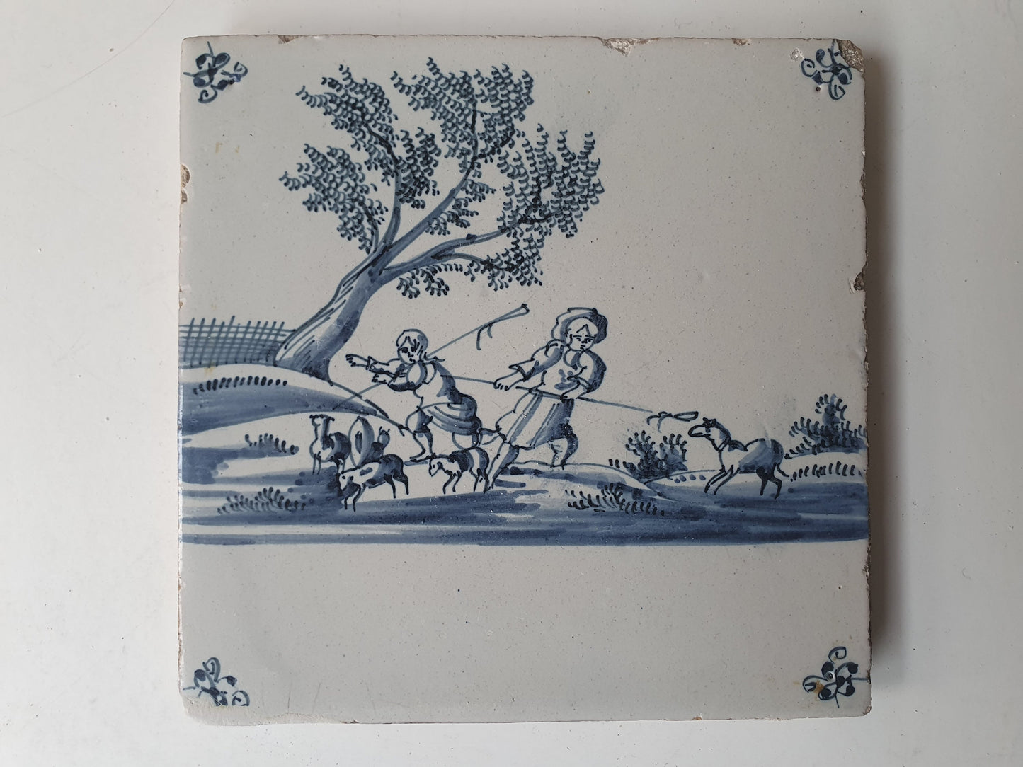 Antique Dutch Delft Tile, Holland Landscape Scene, ca 1700 AD