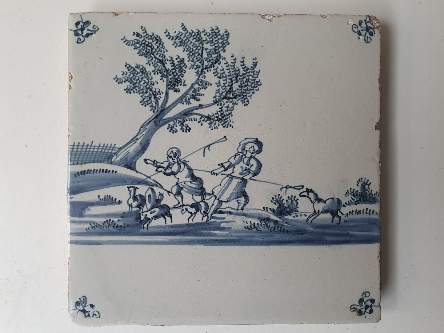 Antique Dutch Delft Tile, Holland Landscape Scene, ca 1700 AD