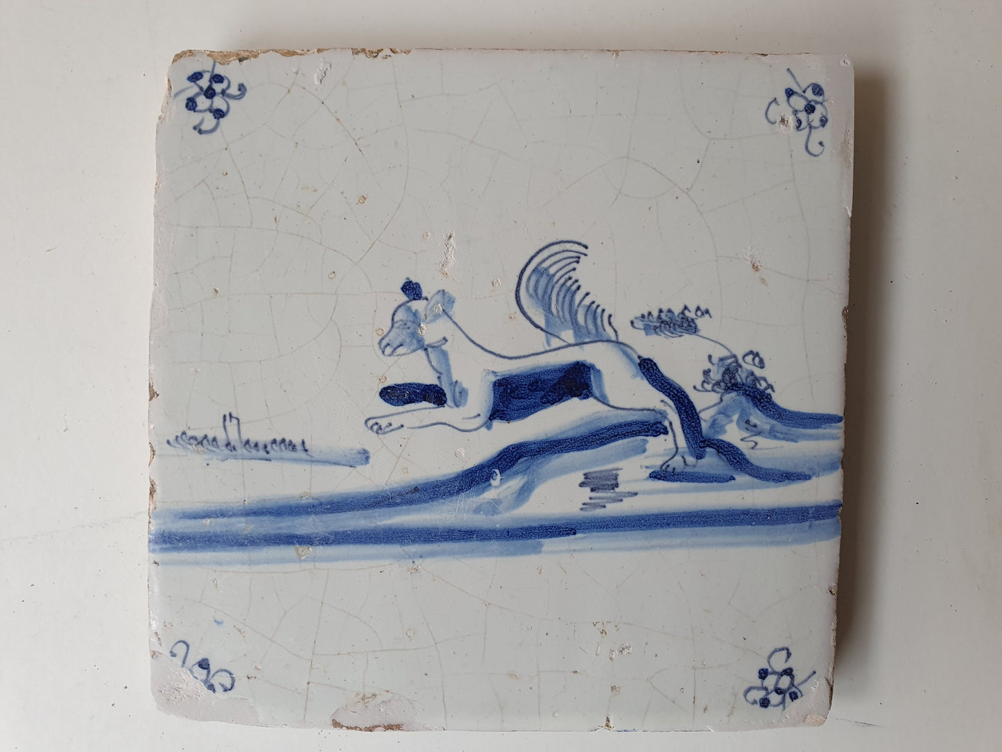 17th century Antique Dutch Tile animal fox spiderhead motive delft blue holland tile