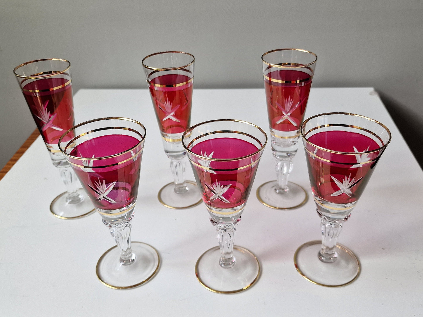 Engraved Bohemian Crystal Champagne Flutes, Gilded Rim