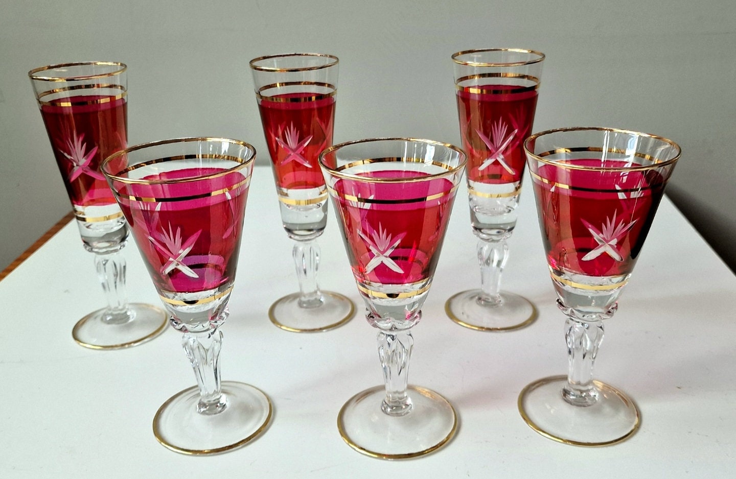 Engraved Bohemian Crystal Champagne Flutes, Gilded Rim