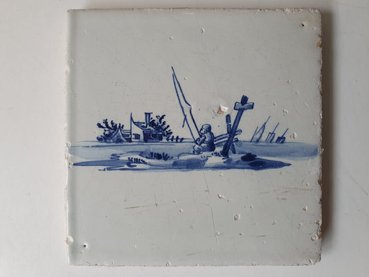 Antique Dutch Tile - fisherman  - Dated 1700