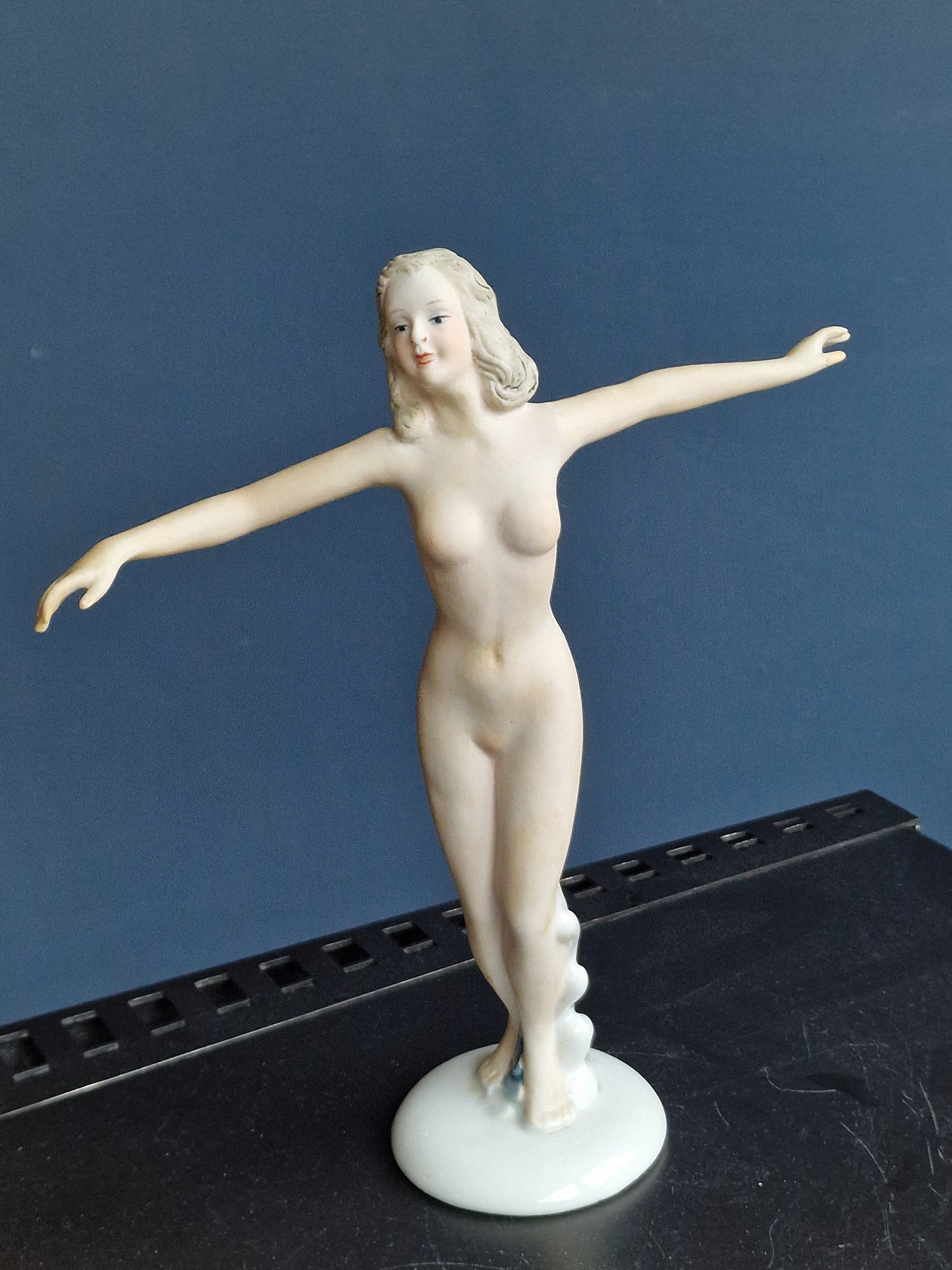 Hand-Painted German Biscuit Porcelain Figurine, Jugendstil Girl Statue, 24cm