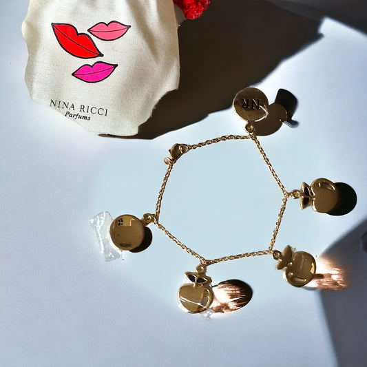 Vintage NINA RICCI Gold Plated Apple Charm Bracelet, Unused