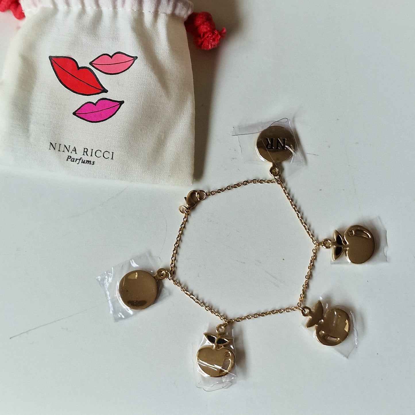 Vintage NINA RICCI Gold Plated Apple Charm Bracelet, Unused