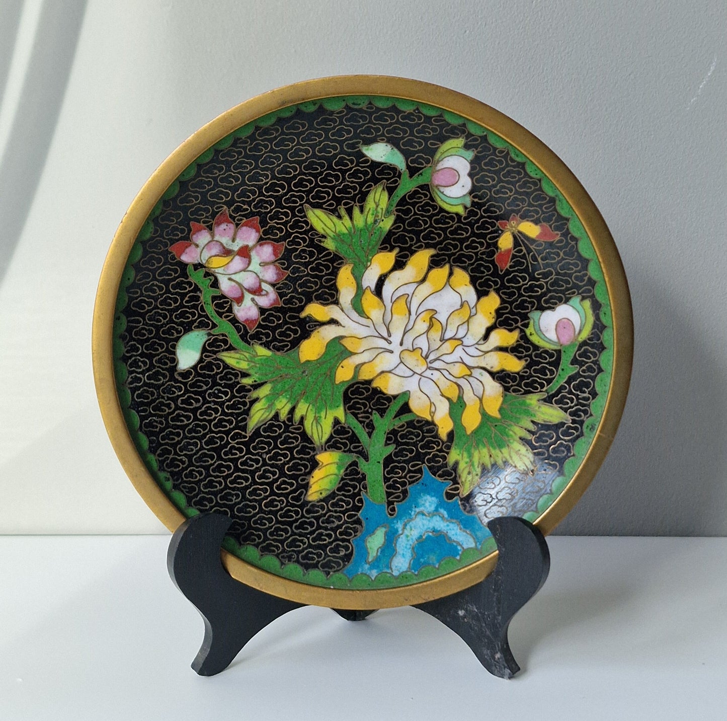 Antique Chinese Cloisonne Plate, Chrysanthemum Butterfly Design, Republic Era