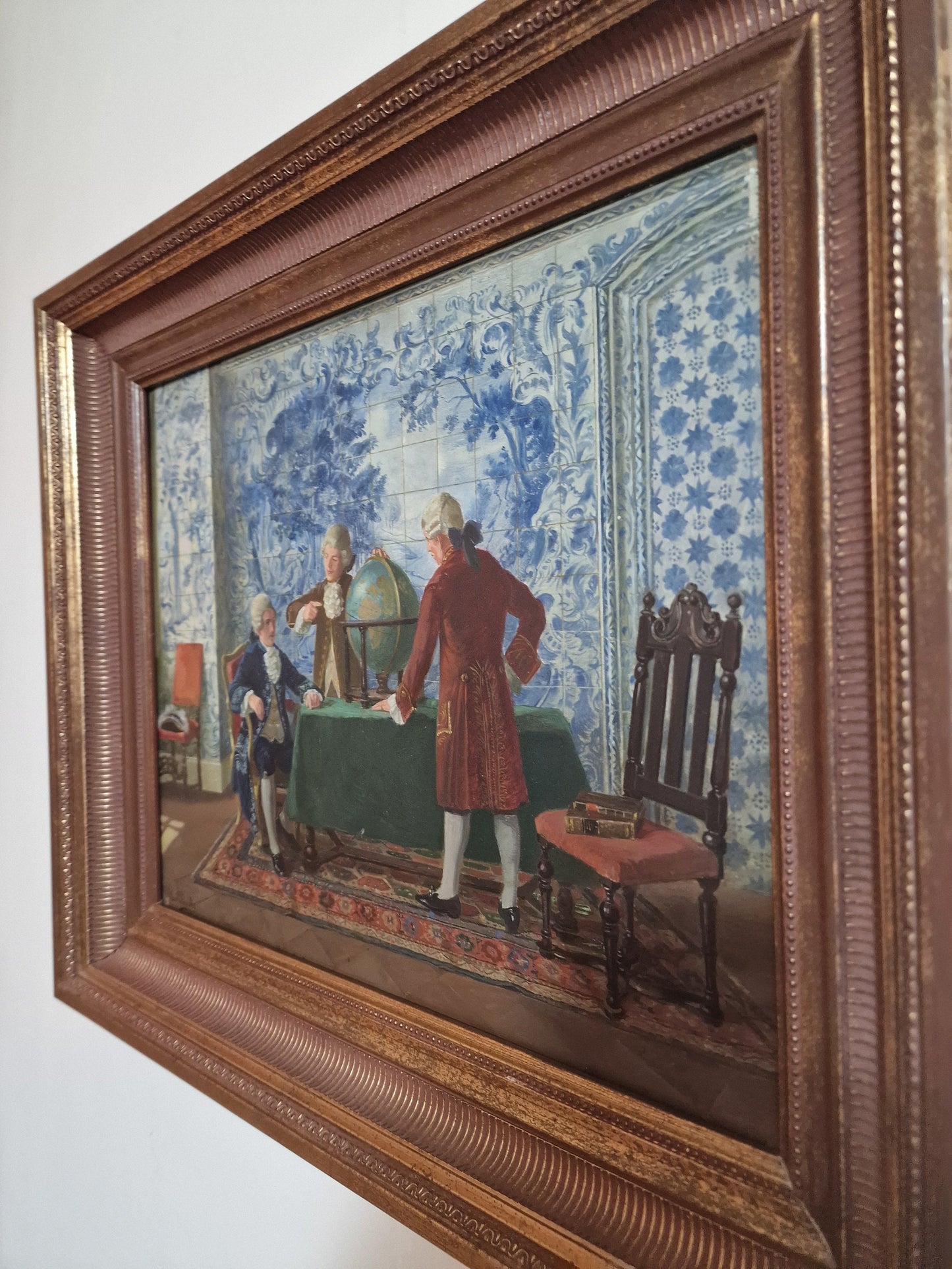 Carl Plinke Oil Painting – 18th Century Interior Scene, Men Around Globe