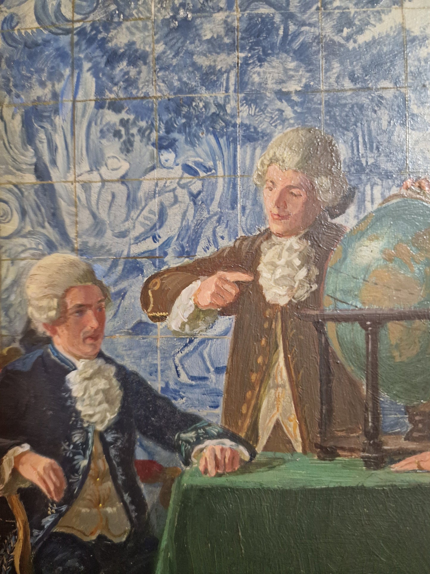 Carl Plinke Oil Painting – 18th Century Interior Scene, Men Around Globe