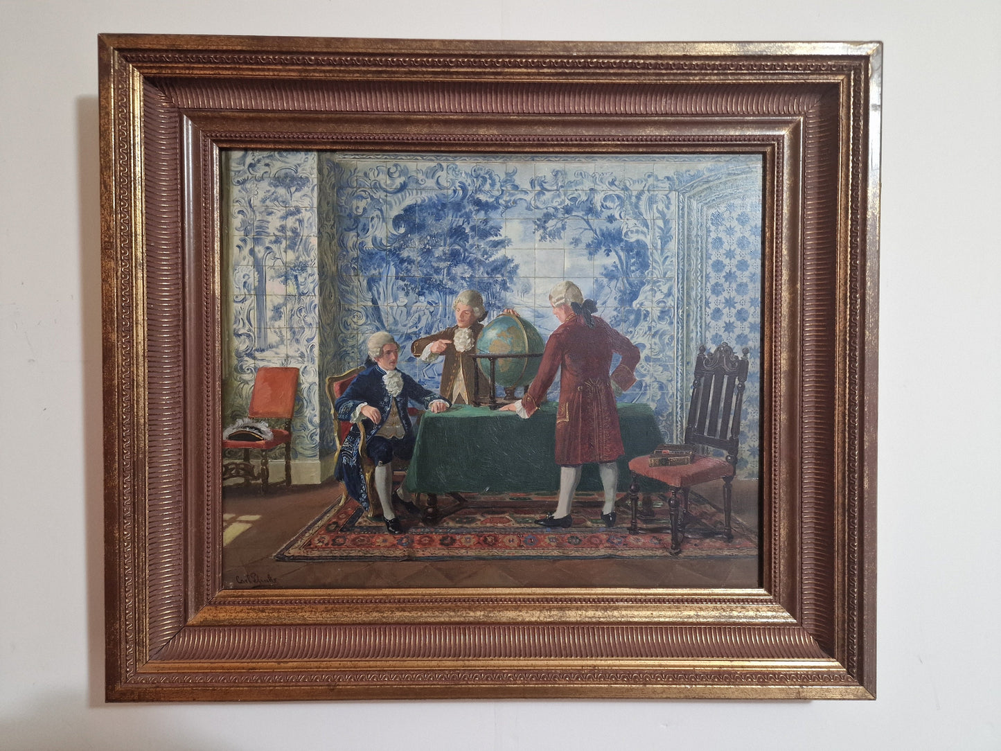 Carl Plinke Oil Painting – 18th Century Interior Scene, Men Around Globe