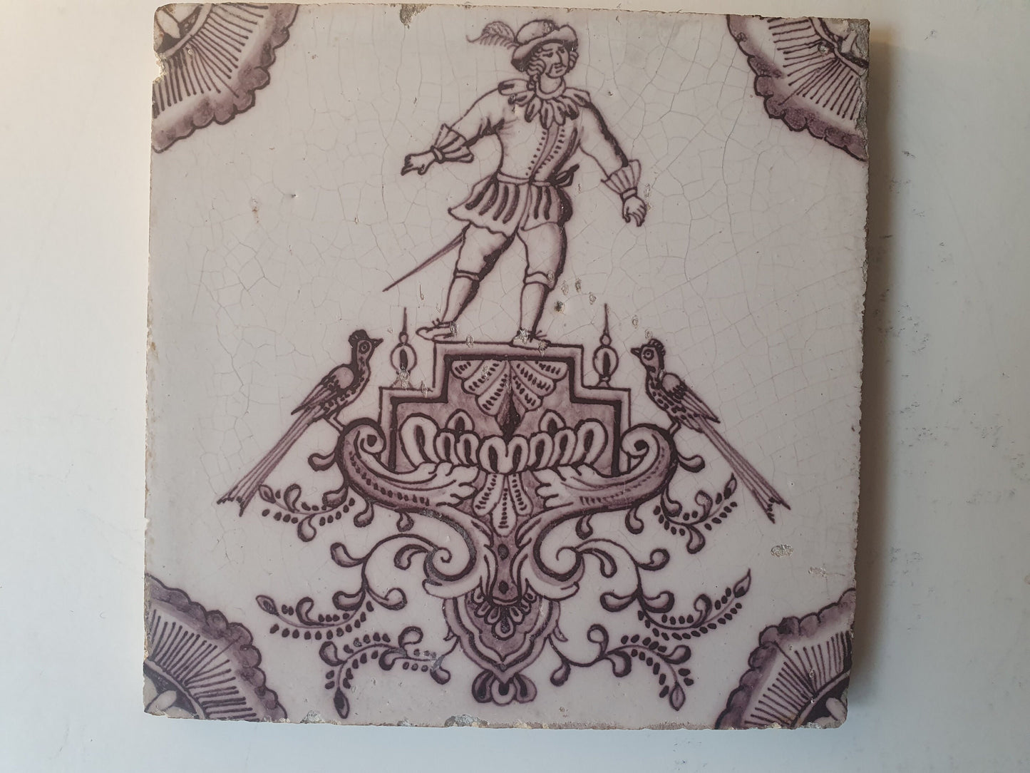 Antique Dutch Delft Tile, Rotterdam Baroque Cartouche, Manganese Glaze