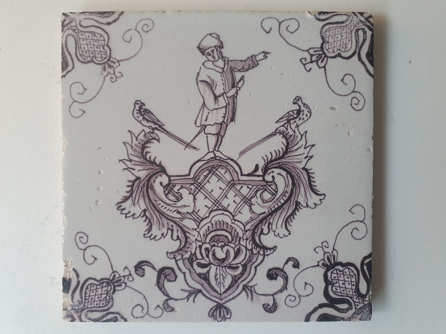 Antique Dutch Delft Tile, Baroque Cartouche, Rotterdam, circa 1760