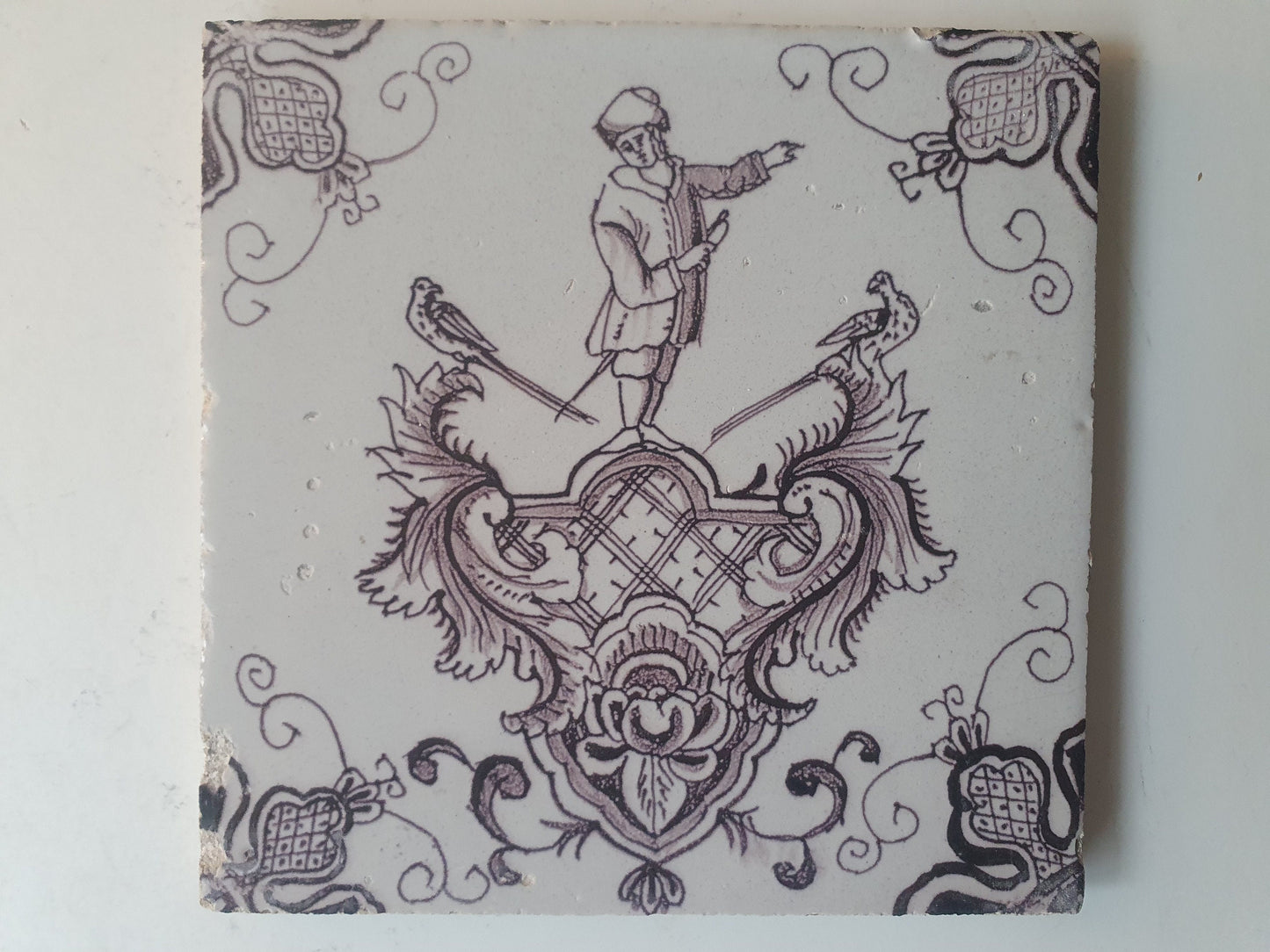 Antique Dutch Delft Tile, Baroque Cartouche, Rotterdam, circa 1760