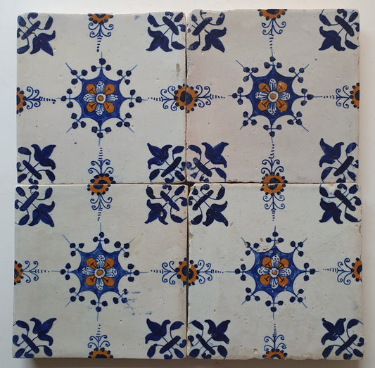 Antique Dutch Delft Tiles, Polychrome Floral, 17th Century, Set of 4