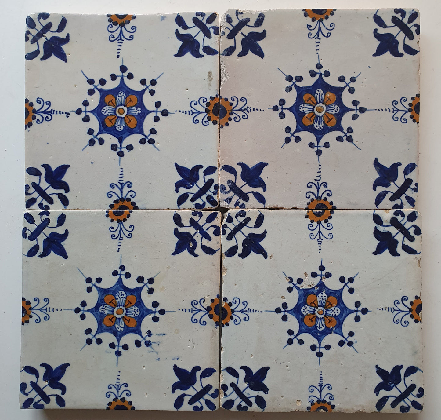 Antique Dutch Delft Tiles, Polychrome Floral, 17th Century, Set of 4