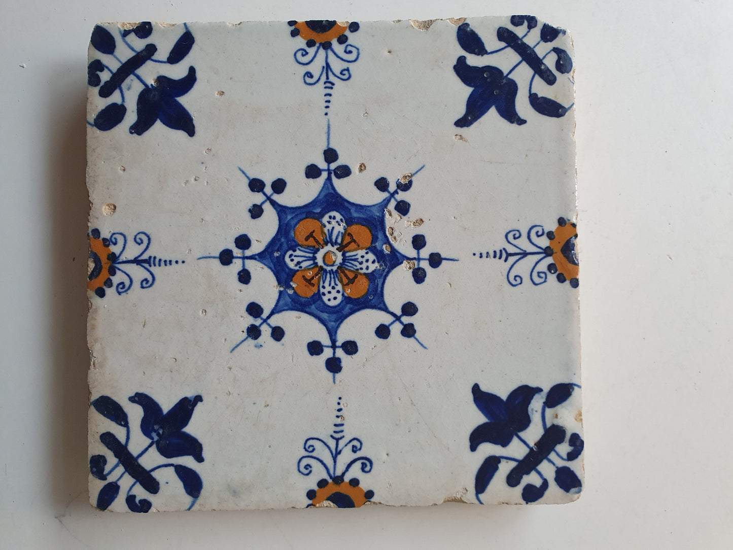 Antique Dutch Delft Tiles, Polychrome Floral, 17th Century, Set of 4