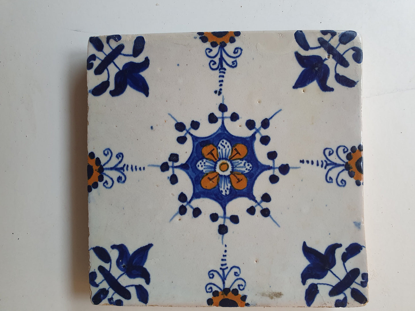 Antique Dutch Delft Tiles, Polychrome Floral, 17th Century, Set of 4