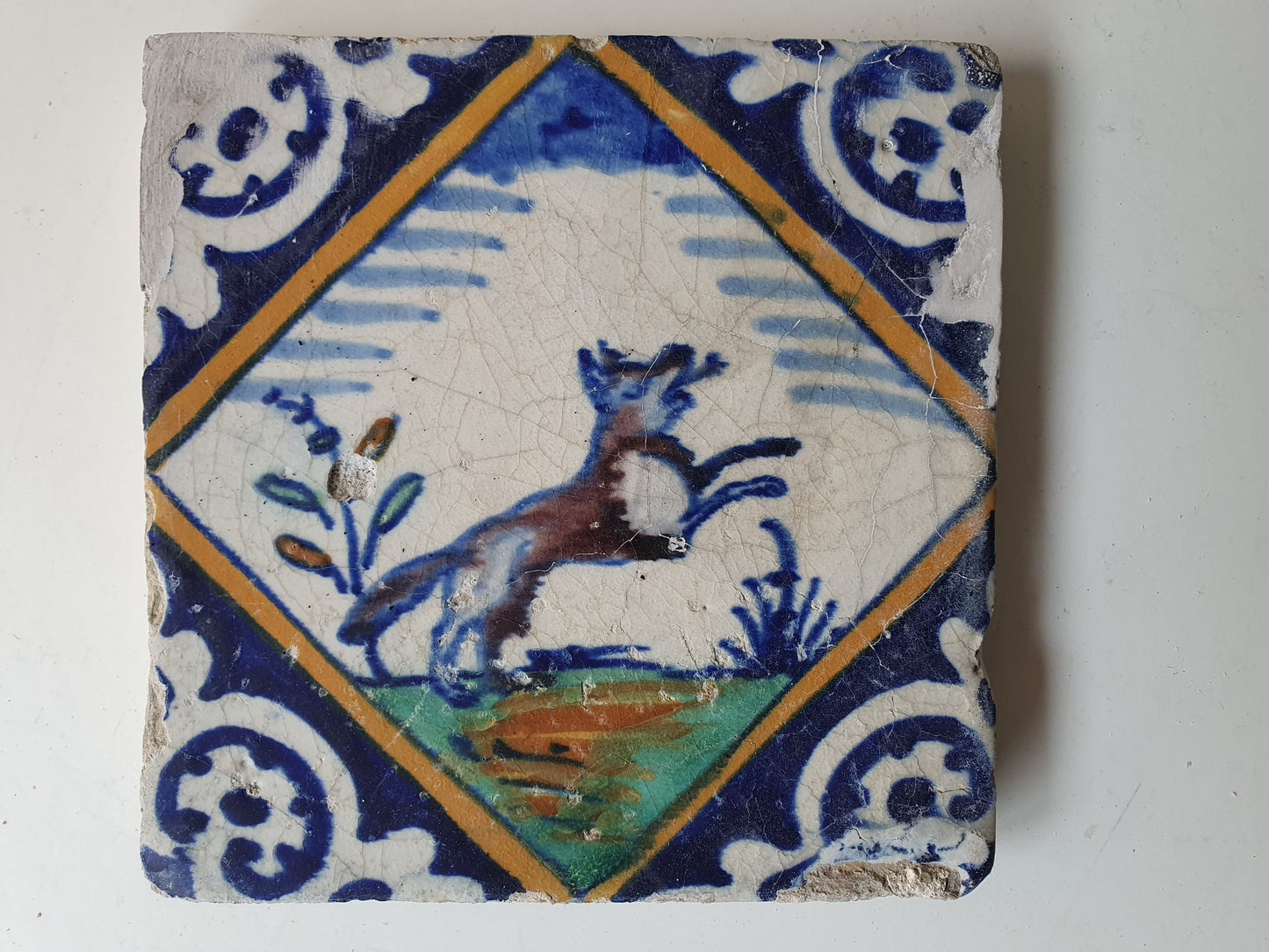 Antique Dutch Tile – 17th Century Fox Design, Polychrome Majolica