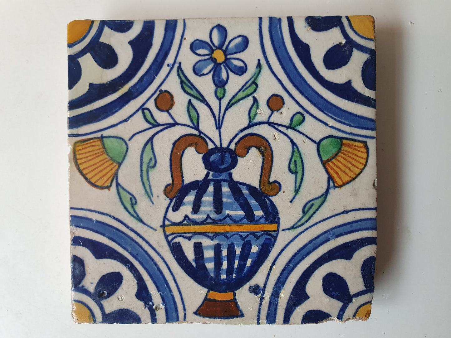 Antique Dutch Flowerpot Tiles – 17th Century Polychrome Set