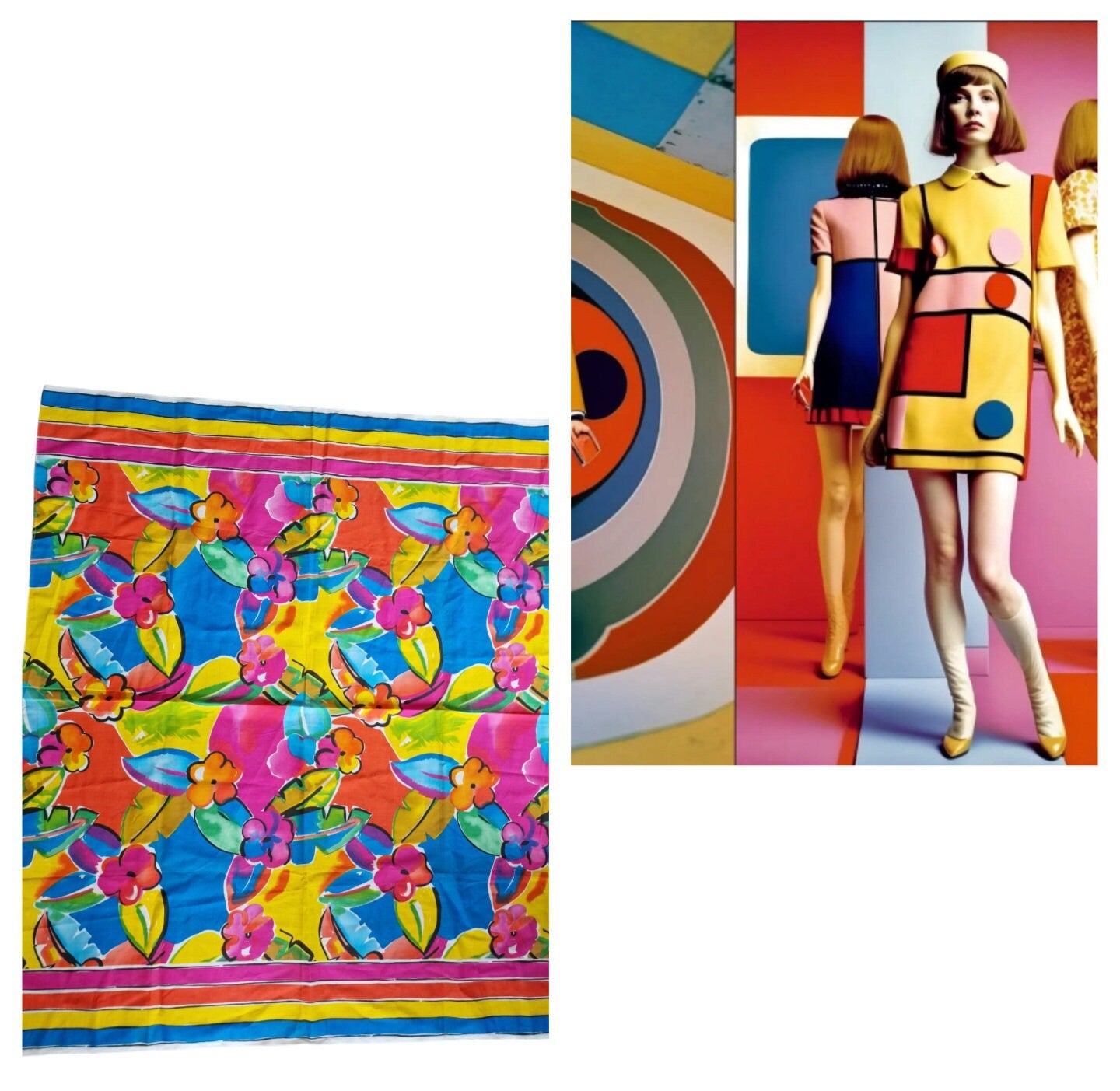 Mary Quant Giclee Linen Fabric, Colorful Floral Print (130 x 155 cm)