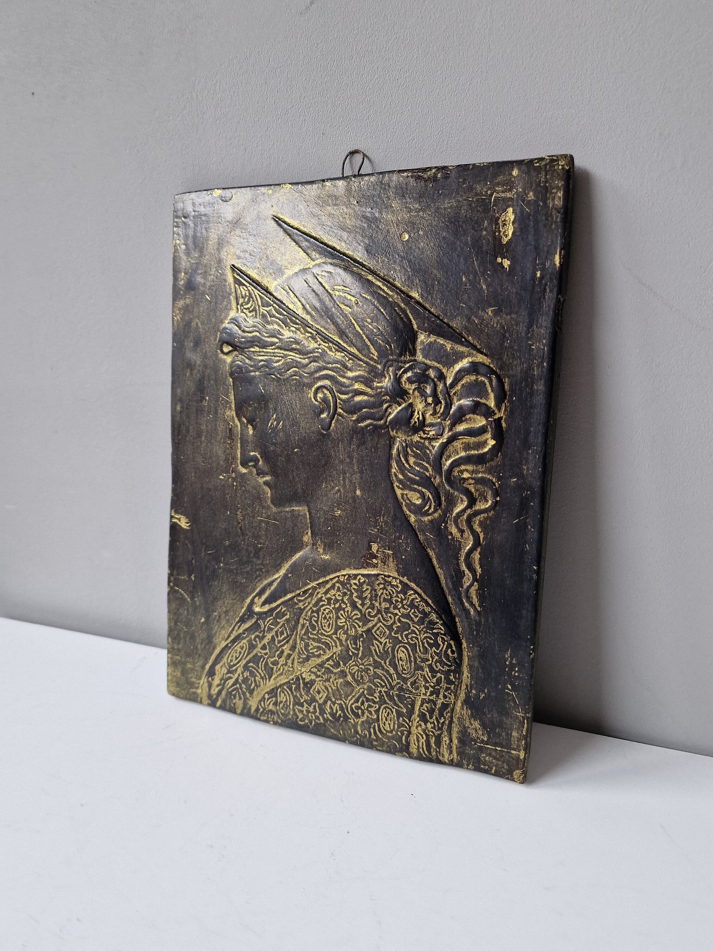 Antique French Art Nouveau Ceramic Plaque, Woman Profile Relief