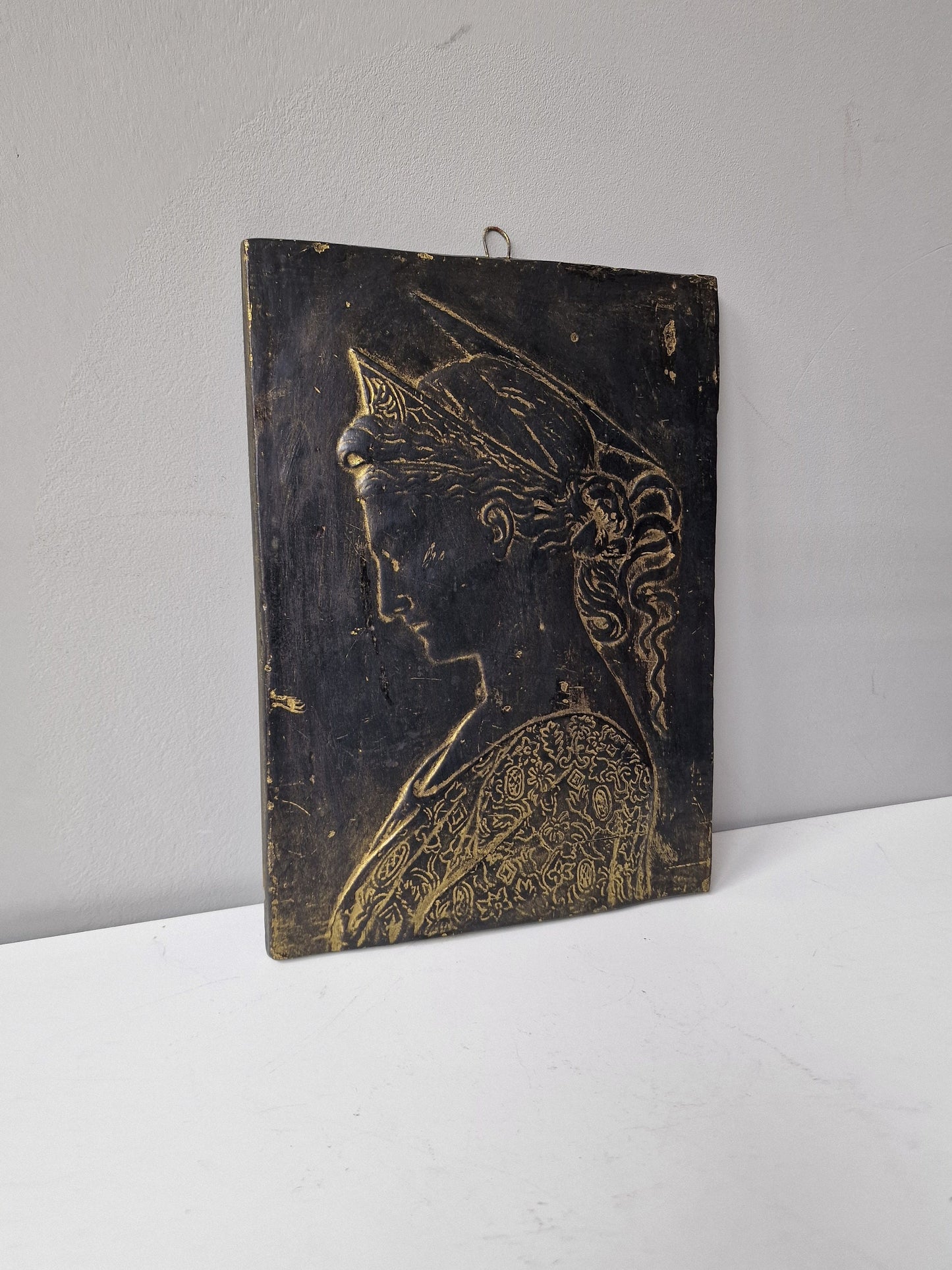 Antique French Art Nouveau Ceramic Plaque, Woman Profile Relief