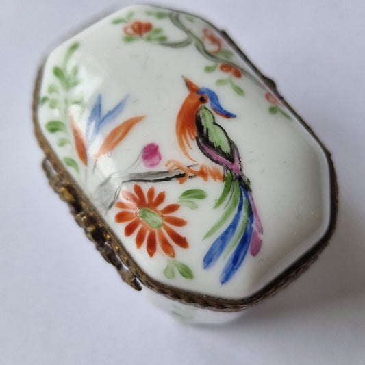 Limoges Porcelain Trinket Box, Handpainted Bird and Flowers, Lacroix Painter