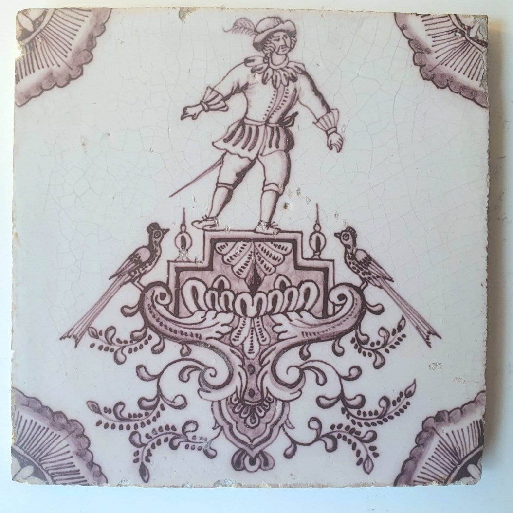 Antique Dutch Delft Tile, Rotterdam Baroque Cartouche, Manganese Glaze