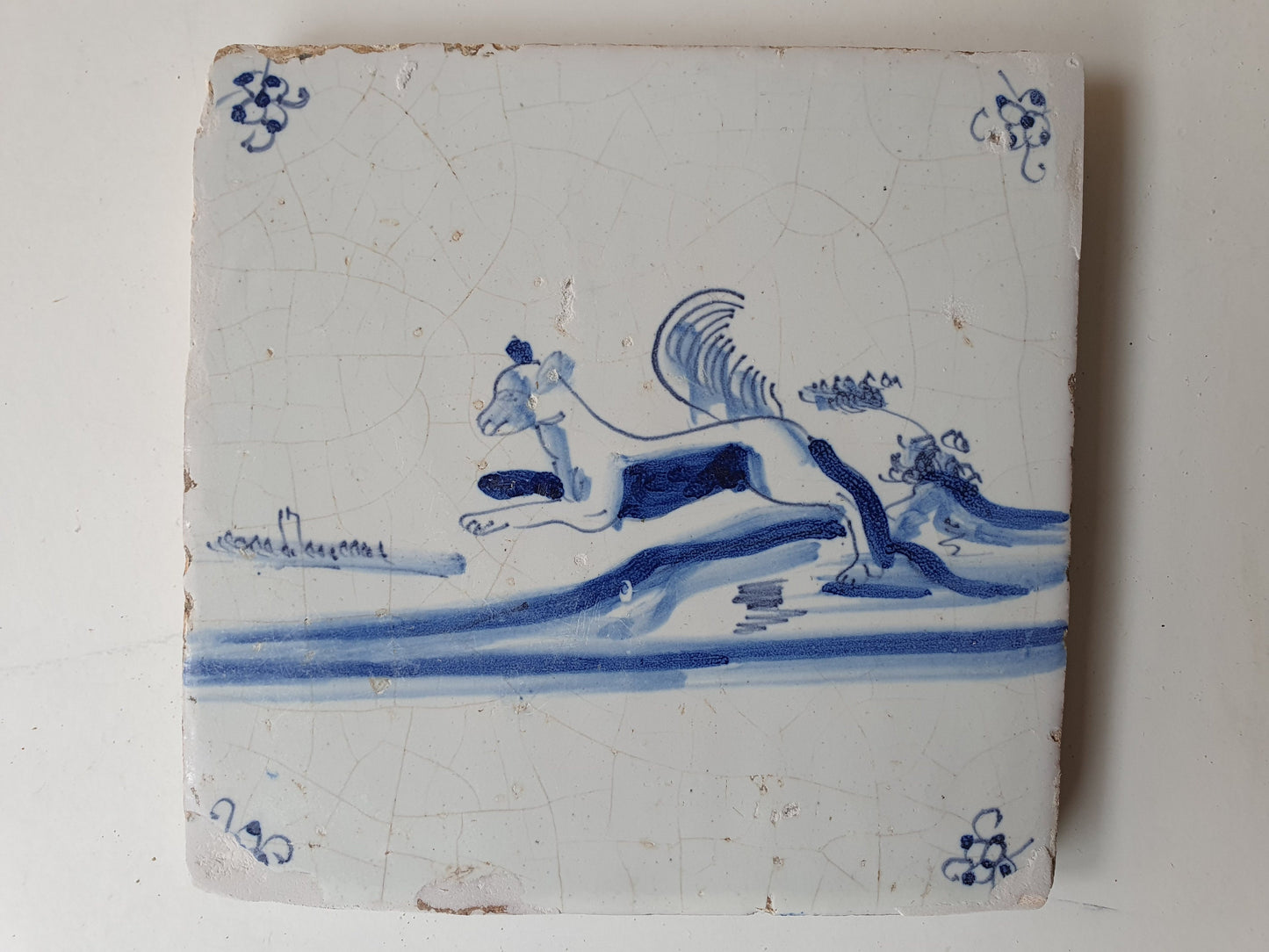 17th century Antique Dutch Tile animal fox spiderhead motive delft blue holland tile