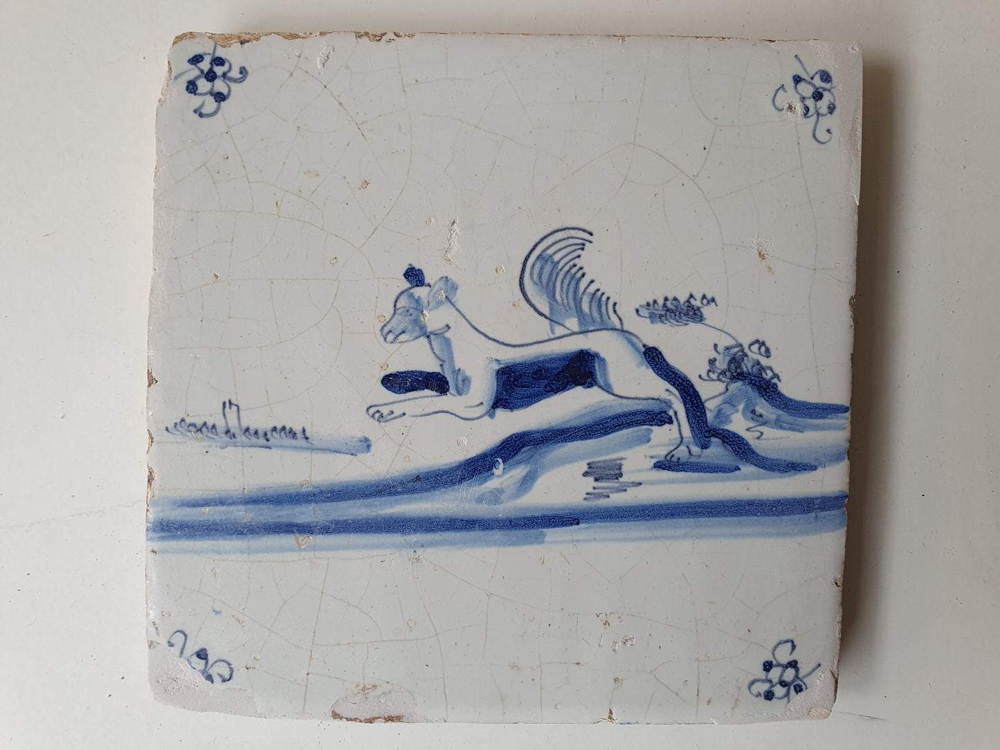 17th century Antique Dutch Tile animal fox spiderhead motive delft blue holland tile