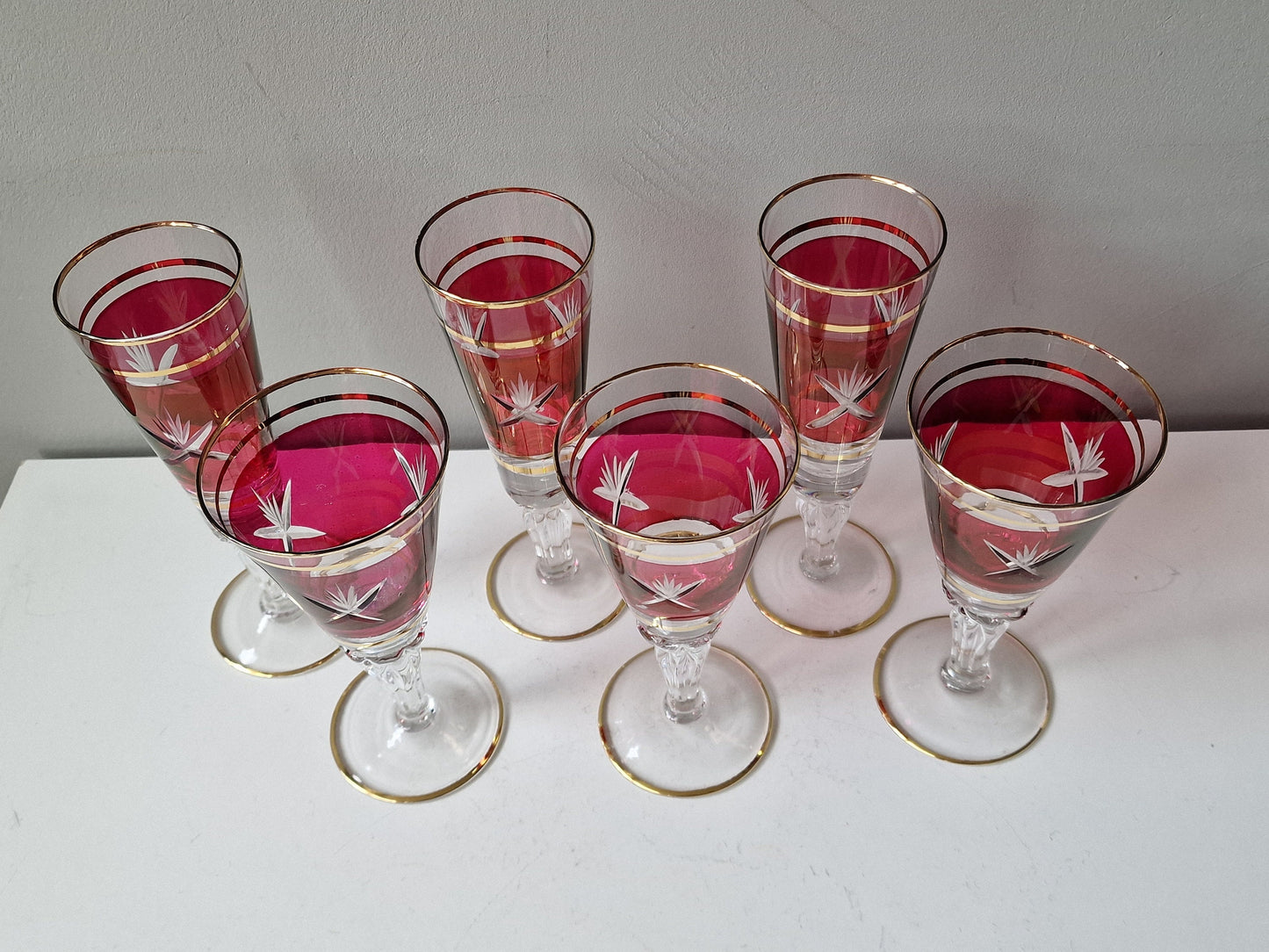 Engraved Bohemian Crystal Champagne Flutes, Gilded Rim