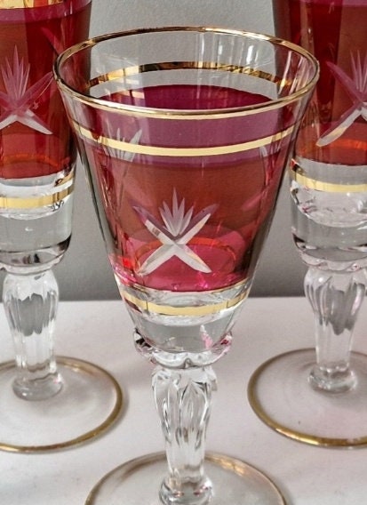 Engraved Bohemian Crystal Champagne Flutes, Gilded Rim