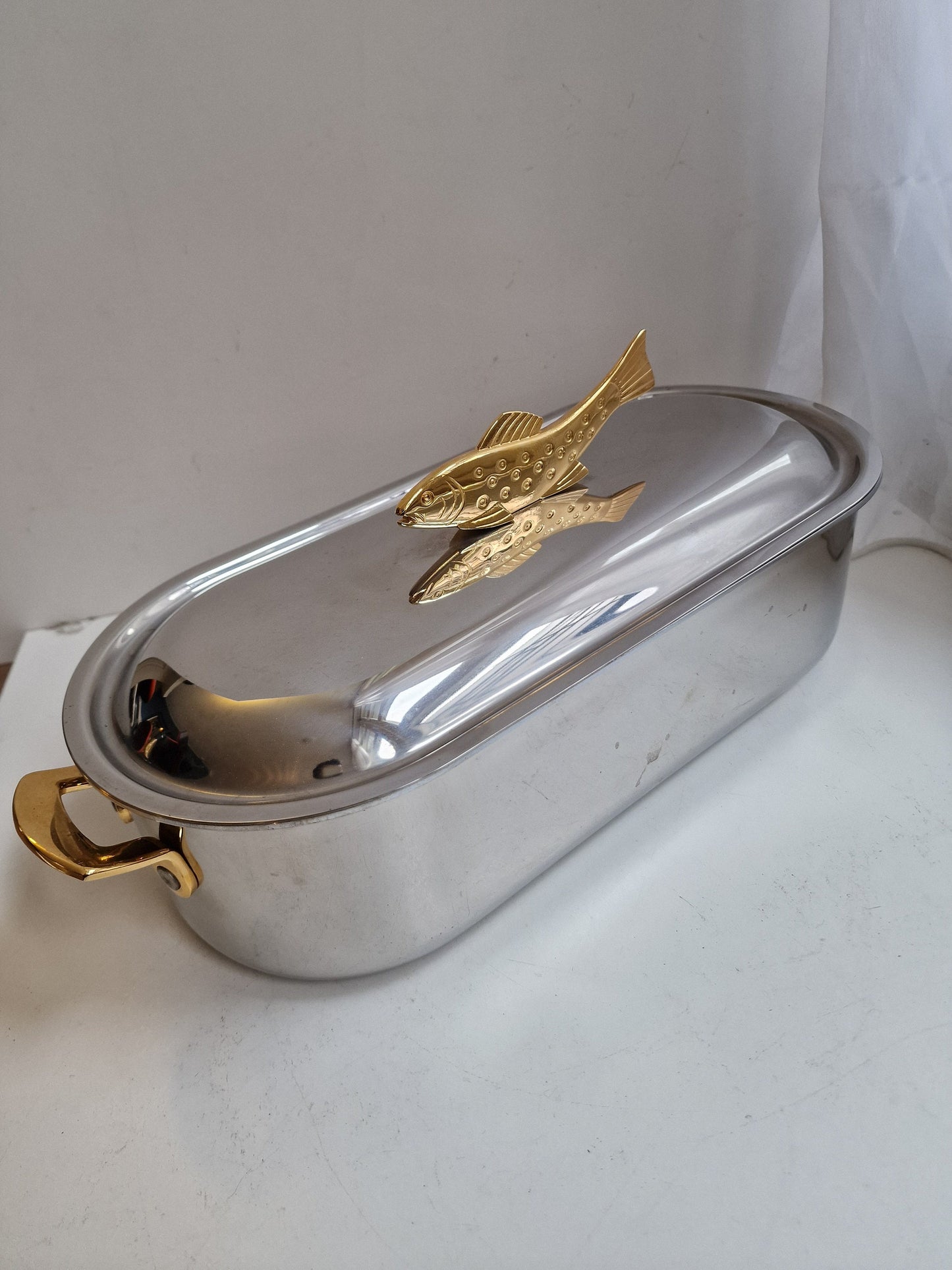 forel swiss trout pan cooking serving xl chrome brass marked switserland