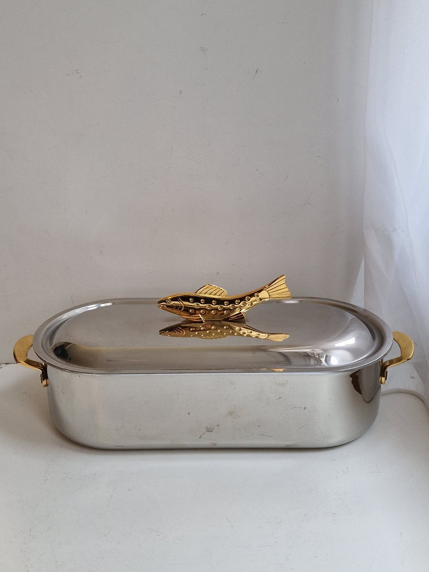 forel swiss trout pan cooking serving xl chrome brass marked switserland