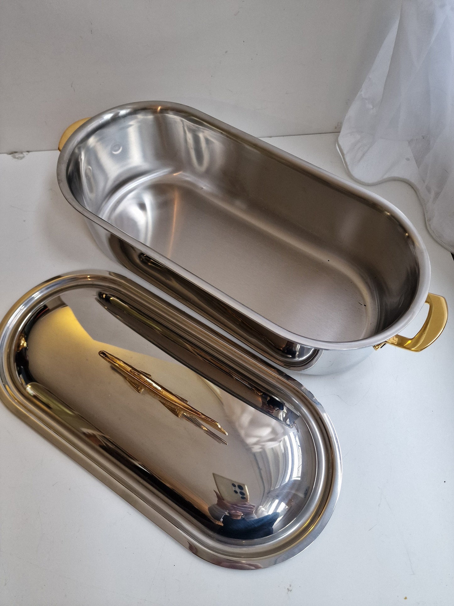forel swiss trout pan cooking serving xl chrome brass marked switserland