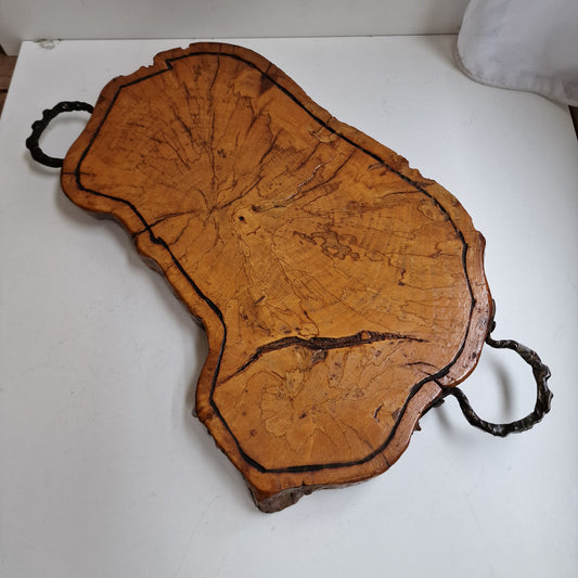 Hardwood Tree Trunk Serving Tray, Chrome Handles, Banquet Cheese Board