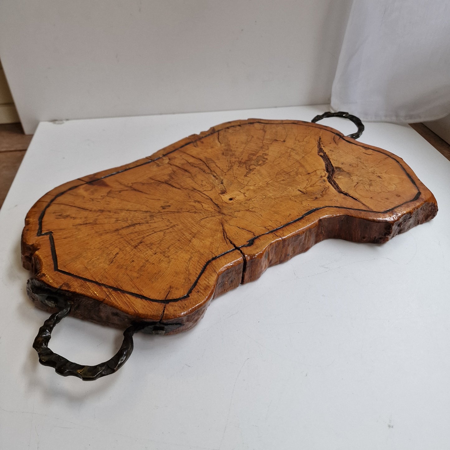 Hardwood Tree Trunk Serving Tray, Chrome Handles, Banquet Cheese Board