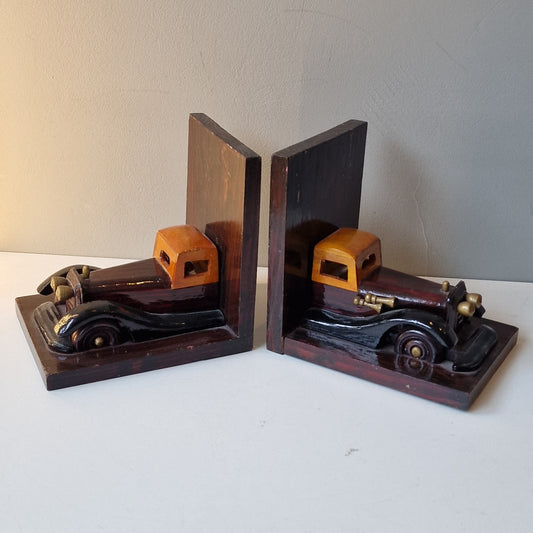 Gelakt houten boekensteunen met oldtimers, old period car bookends, mooie natuurlijke high gloss kleur