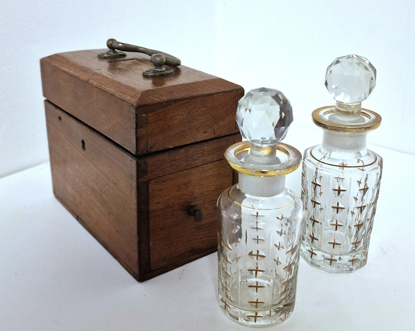 Antique French Vanity Set, Crystal Perfume Bottles, Tea Caddy