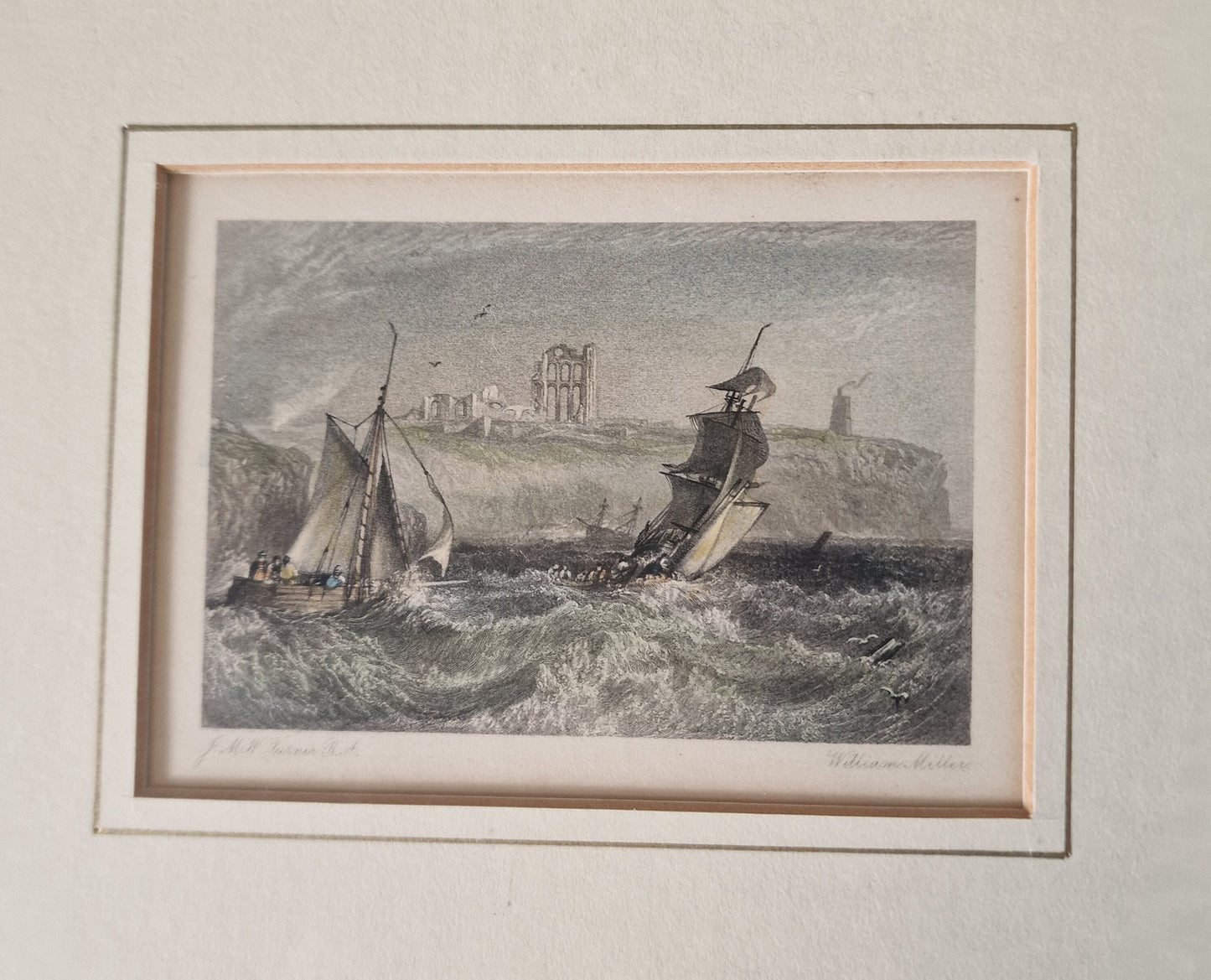 Antieke ingekleurde gravure william miller, signed, framed, j m w turner m a