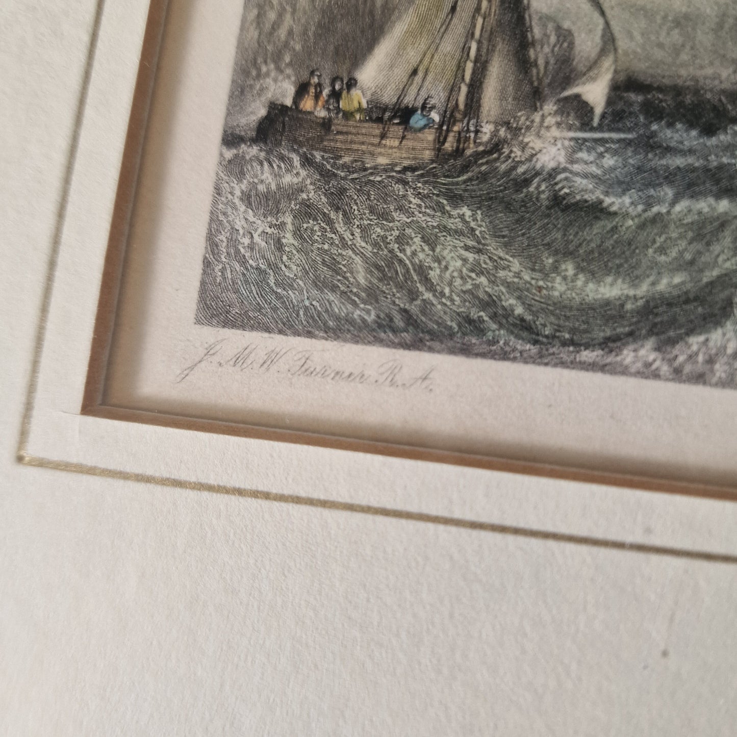 Antieke ingekleurde gravure william miller, signed, framed, j m w turner m a