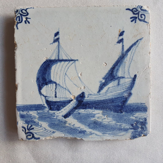 Dutch Delft Tile – 17th Century Ship Motif