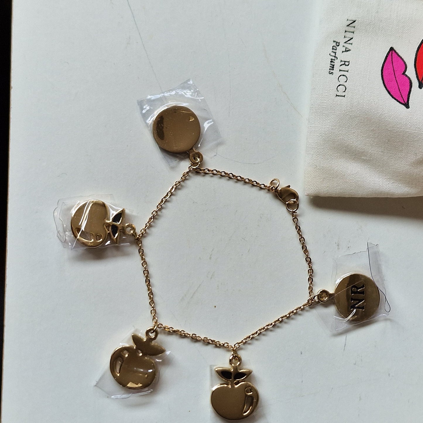 Vintage NINA RICCI Gold Plated Apple Charm Bracelet, Unused