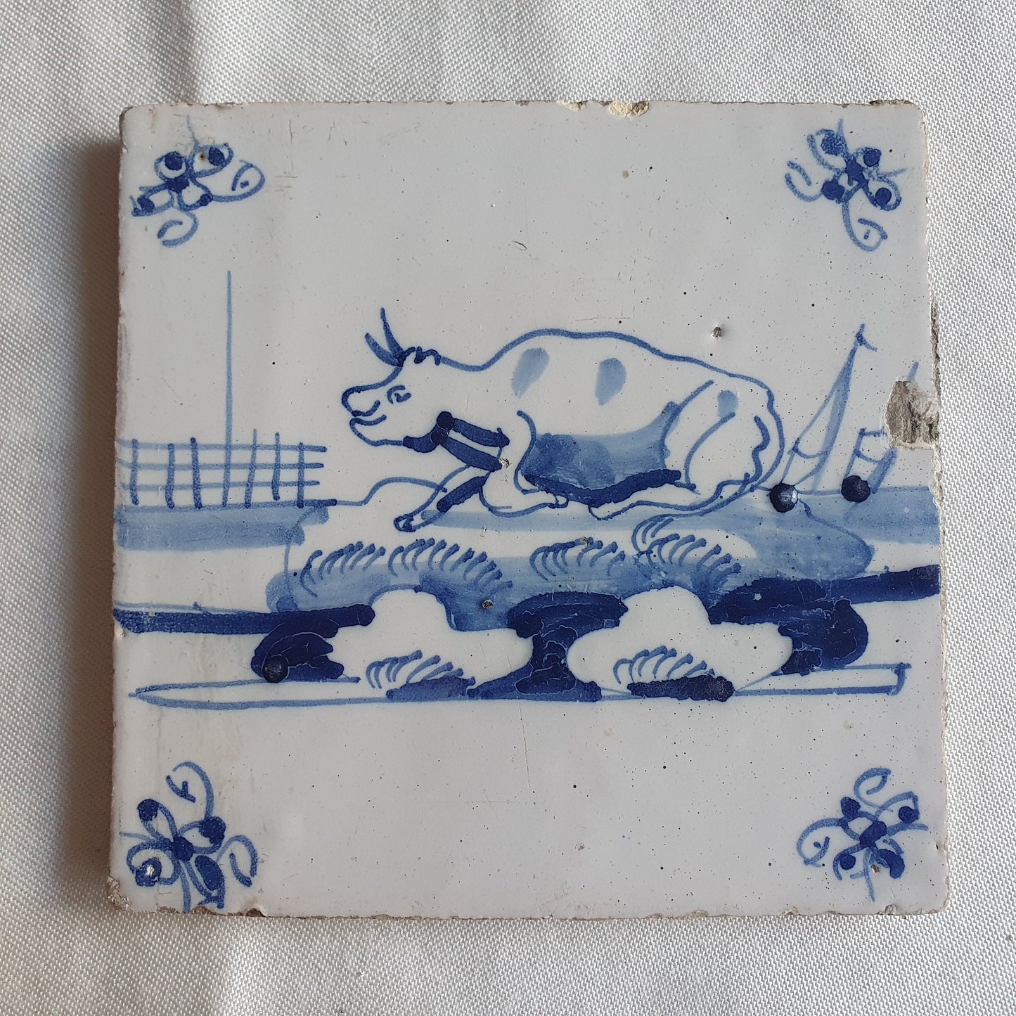 Antique Delft Blue Tile – 18th Century Dutch Cow Design